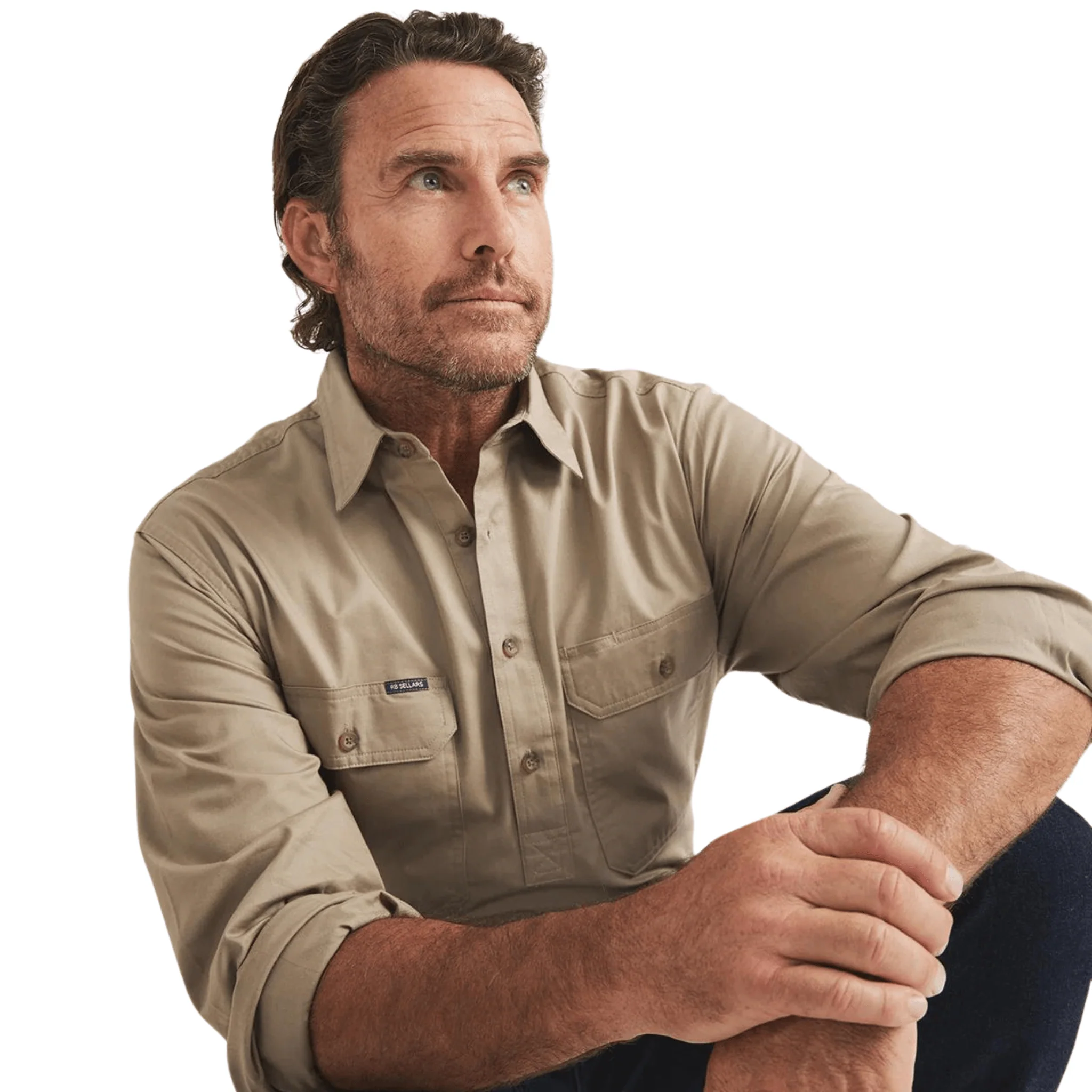 RB Sellars Men's Burton Half Button Light Weight Work Shirt - Khaki - Image 2