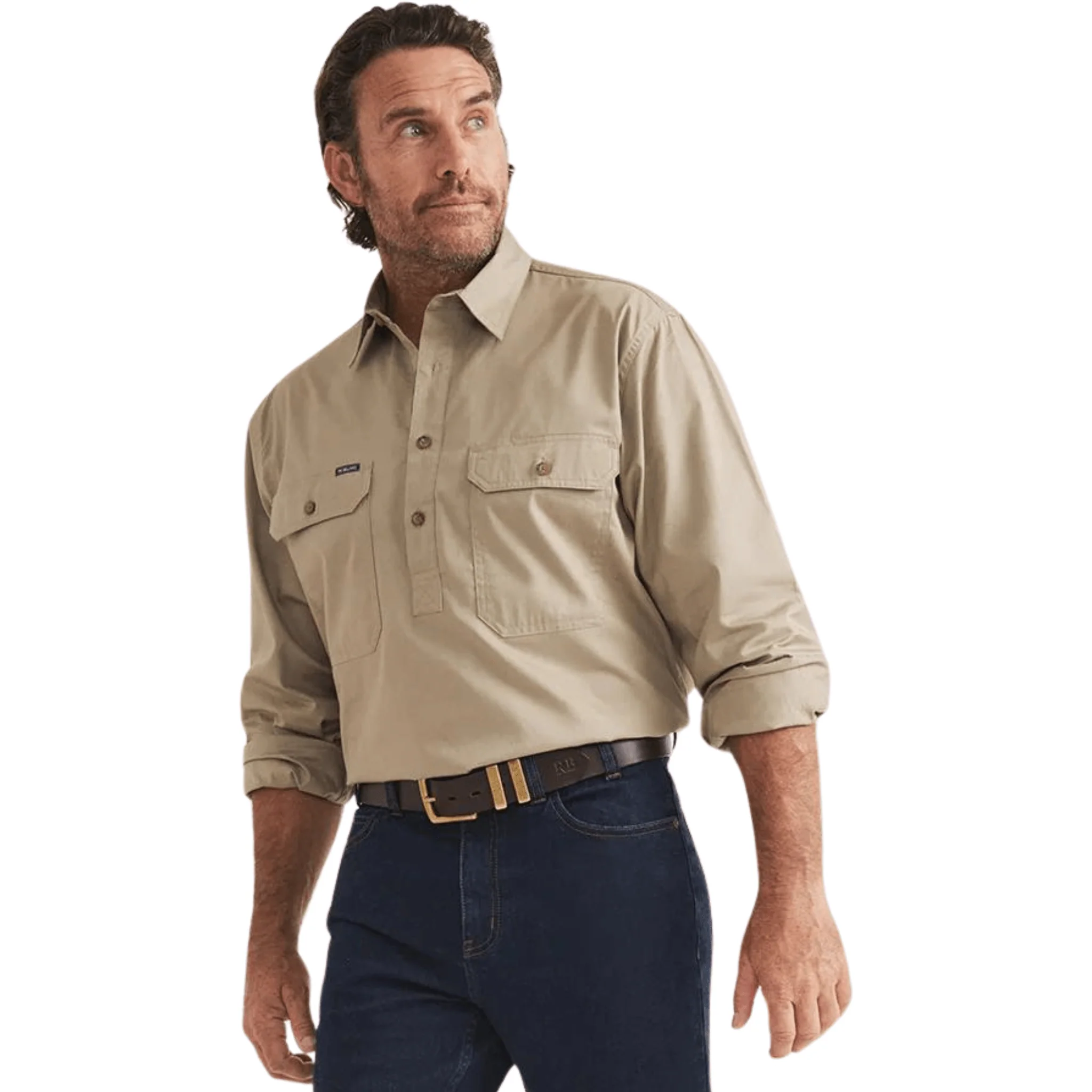 RB Sellars Men's Burton Half Button Light Weight Work Shirt - Khaki - Image 5