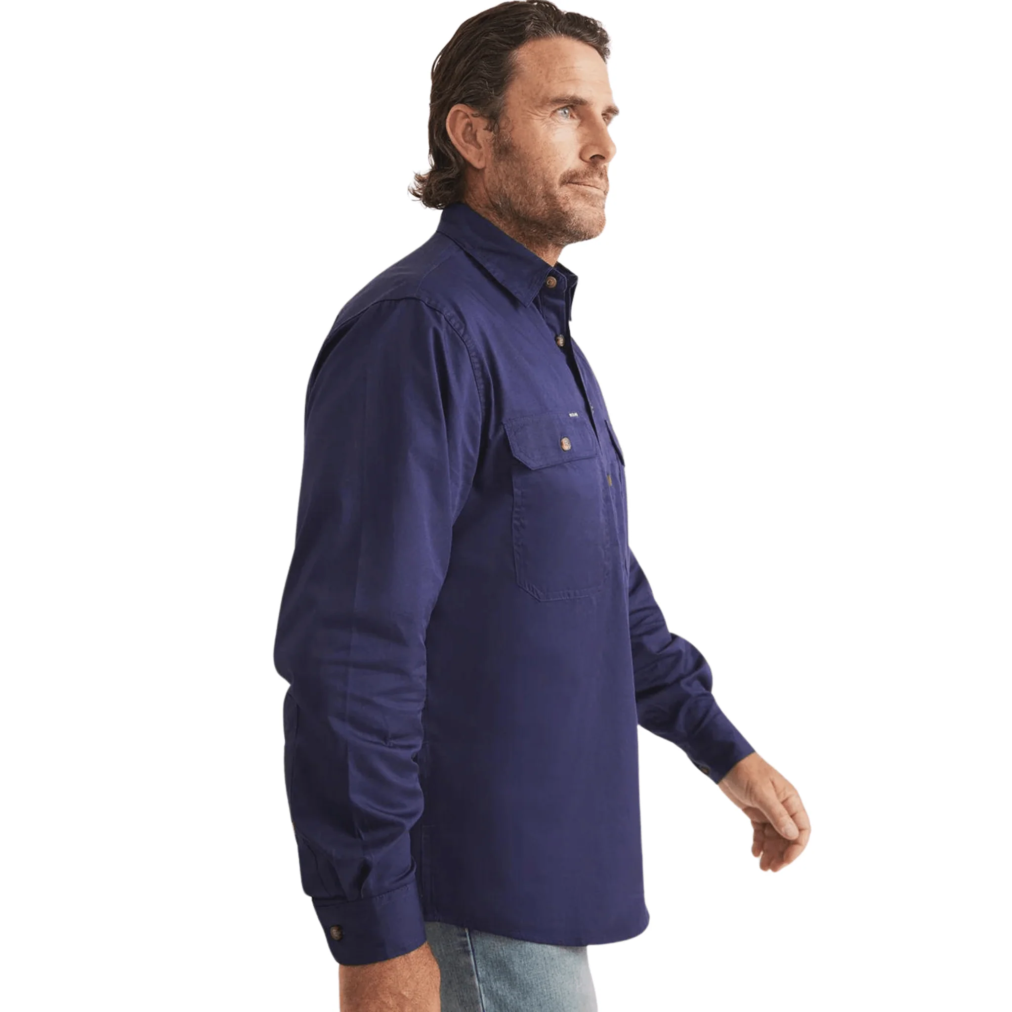 RB Sellars Men's Burton Half Button Light Weight Work Shirt - Navy - Image 3