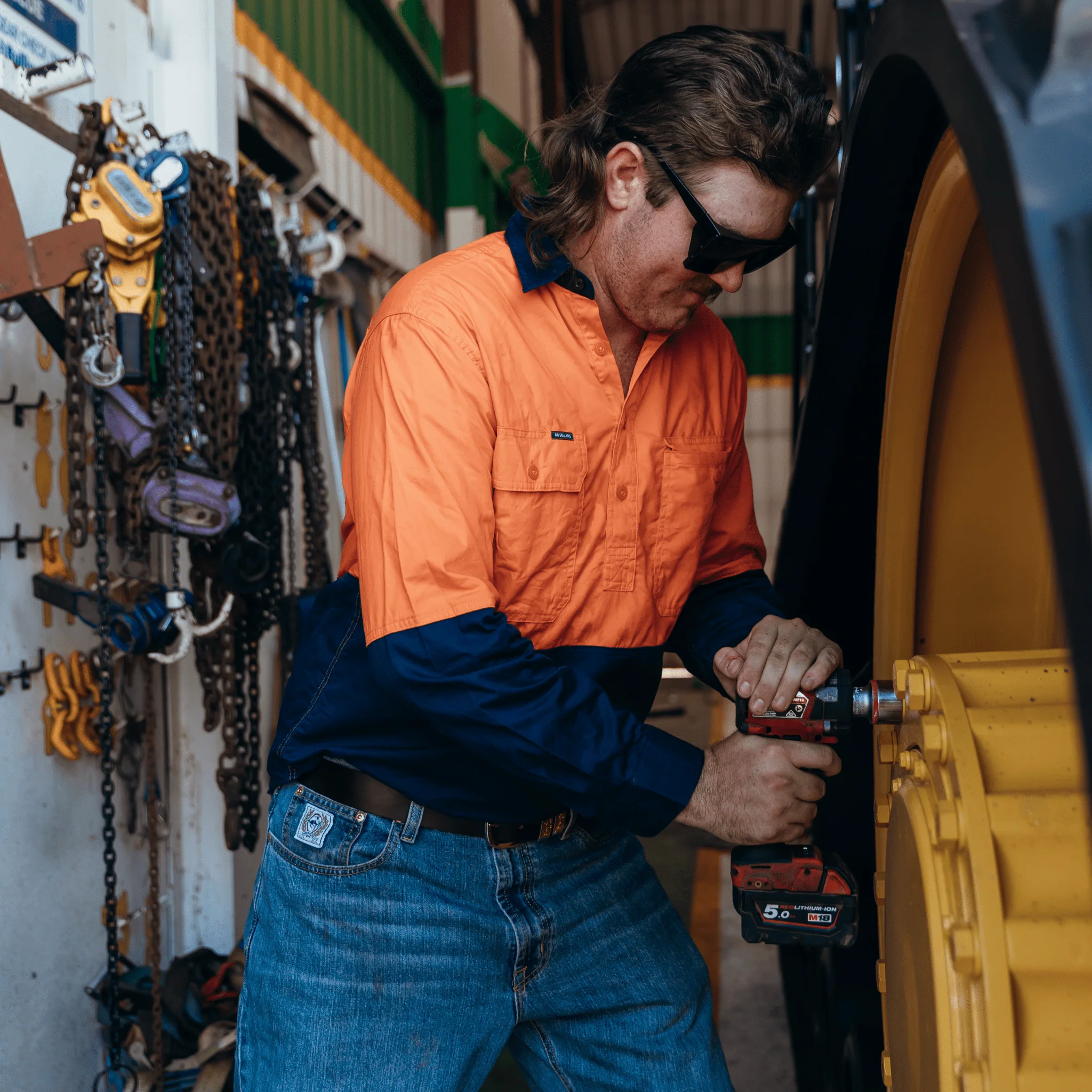 RB Sellars Men's Burton Hi Vis Half Button Light Weight Work Shirt - Orange/Navy - Image 4