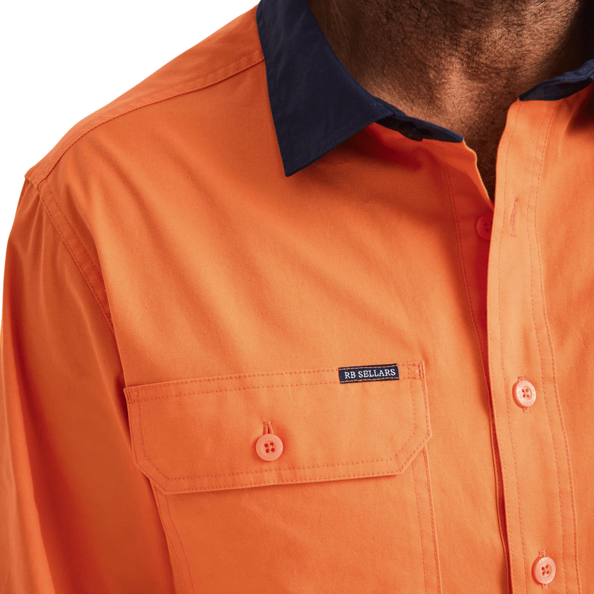 RB Sellars Men's Burton Hi Vis Half Button Light Weight Work Shirt - Orange/Navy - Image 5