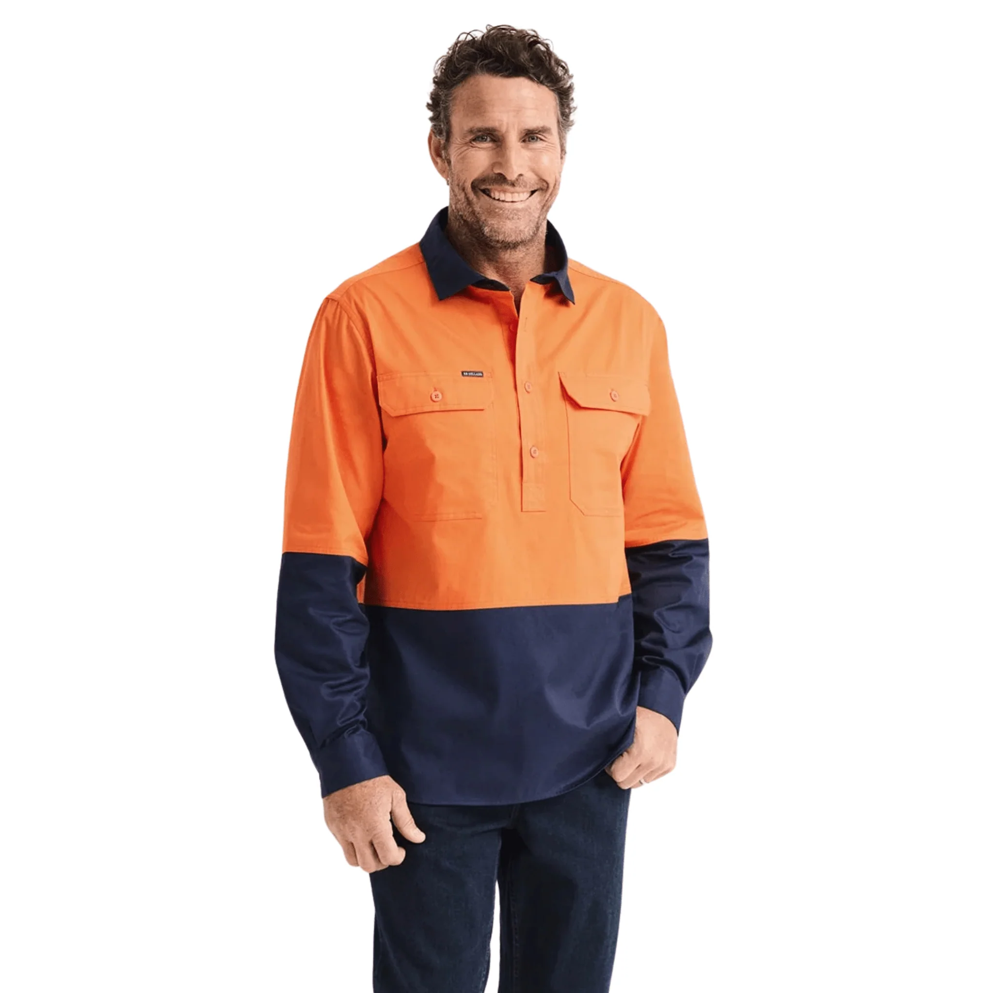 RB Sellars Men's Burton Hi Vis Half Button Light Weight Work Shirt - Orange/Navy - Image 7