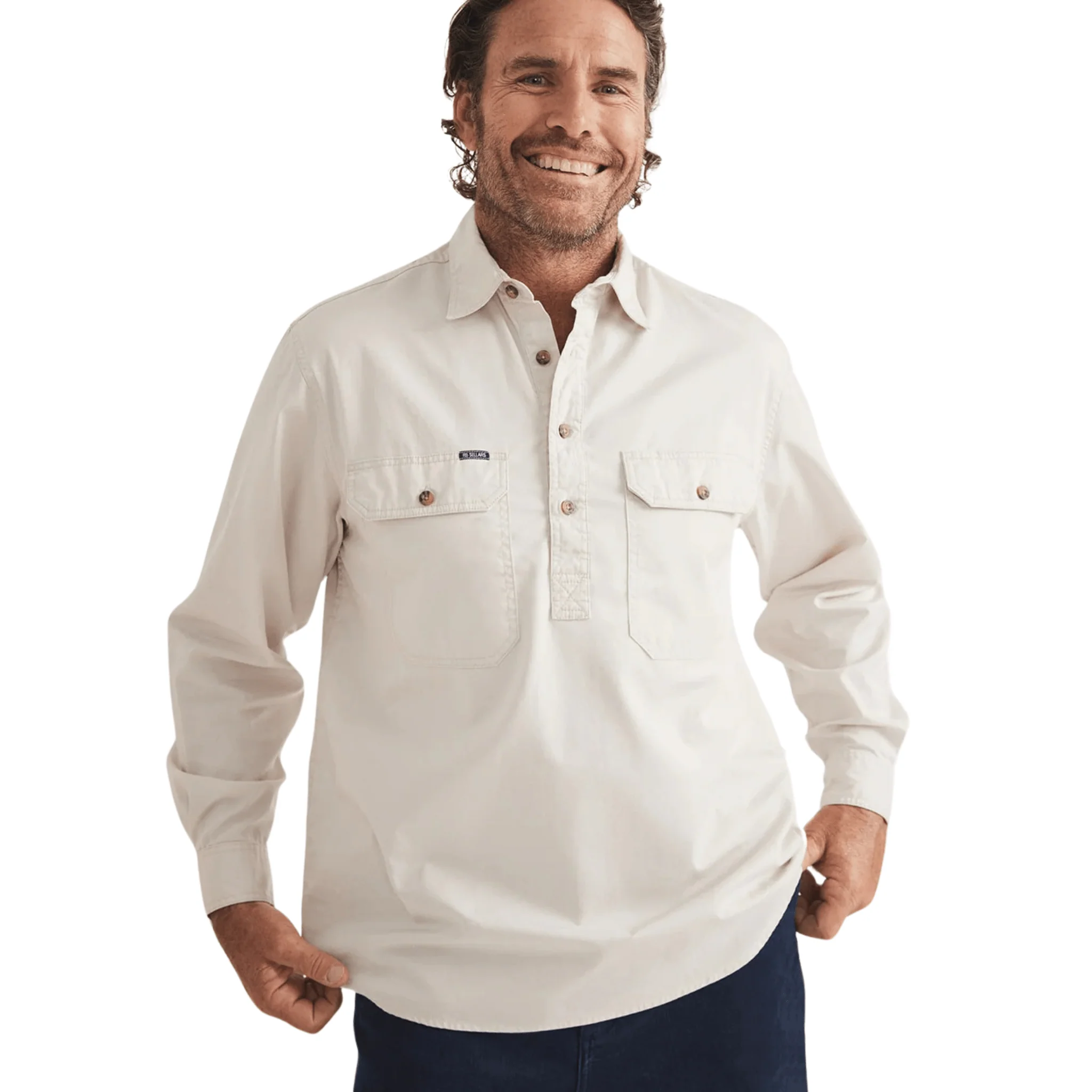 RB Sellars Men's Burton Half Button Light Weight Work Shirt - Stone