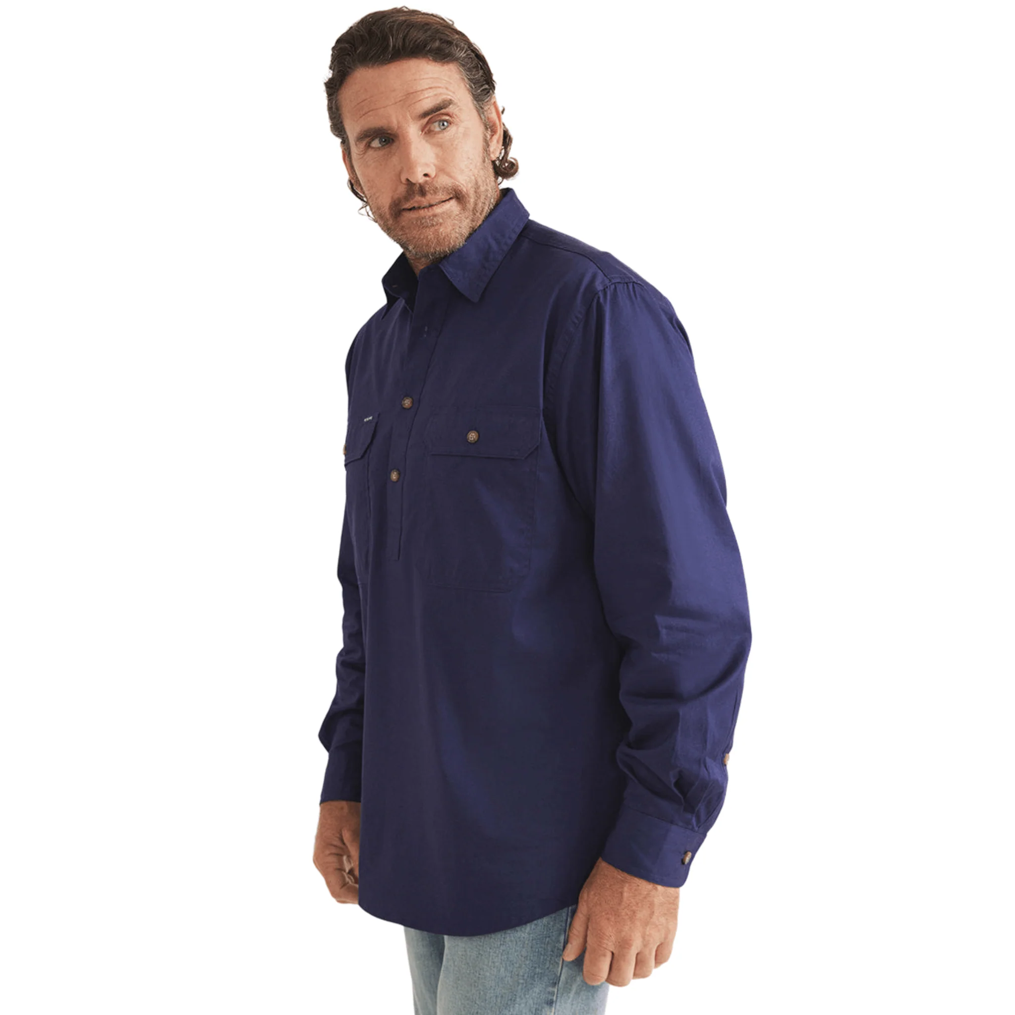 RB Sellars Men's Burton Half Button Mid Weight Work Shirt - Navy - Image 3
