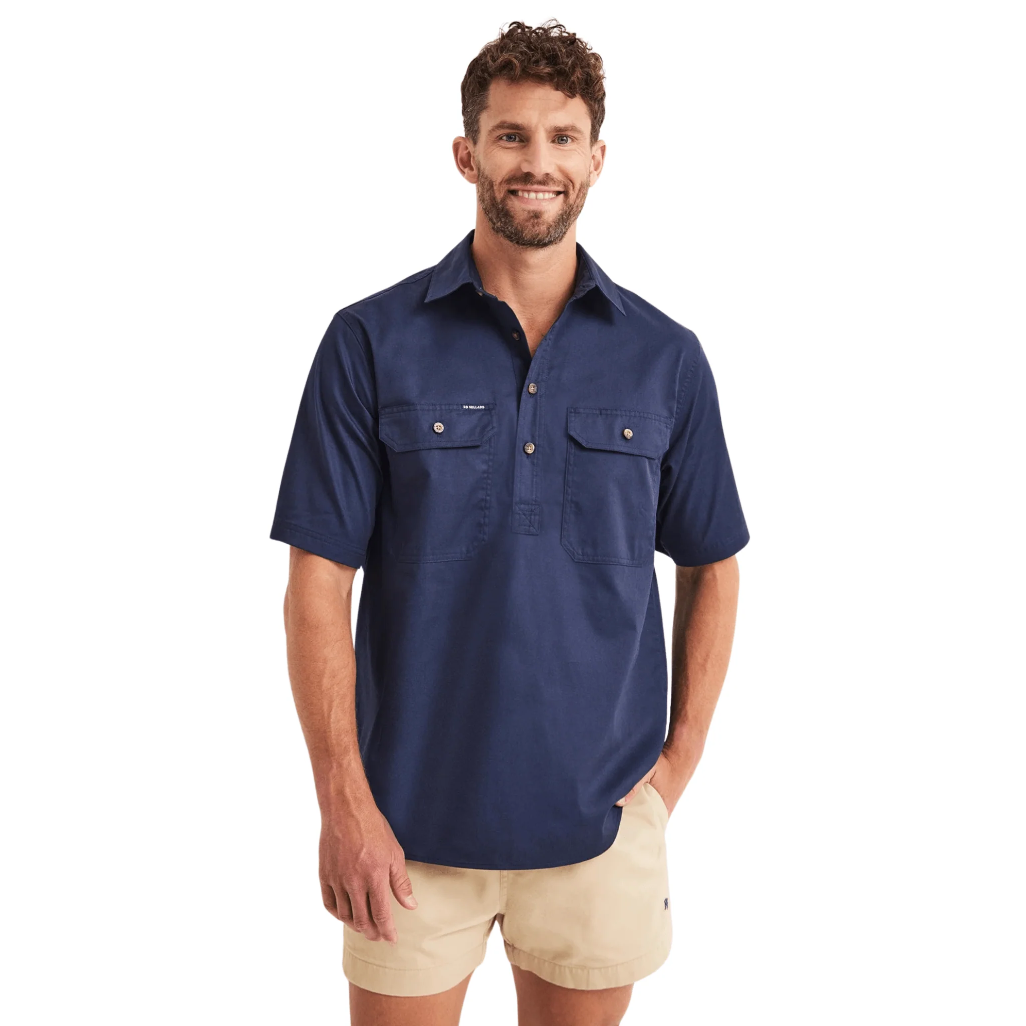 RB Sellars Men's Burton Half Button Short Sleeve Light Weight Work Shirt - Navy