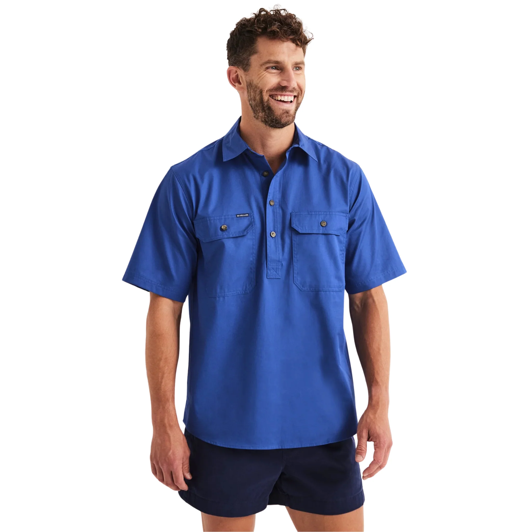 RB Sellars Men's Burton Half Button Short Sleeve Light Weight Work Shirt - Royal