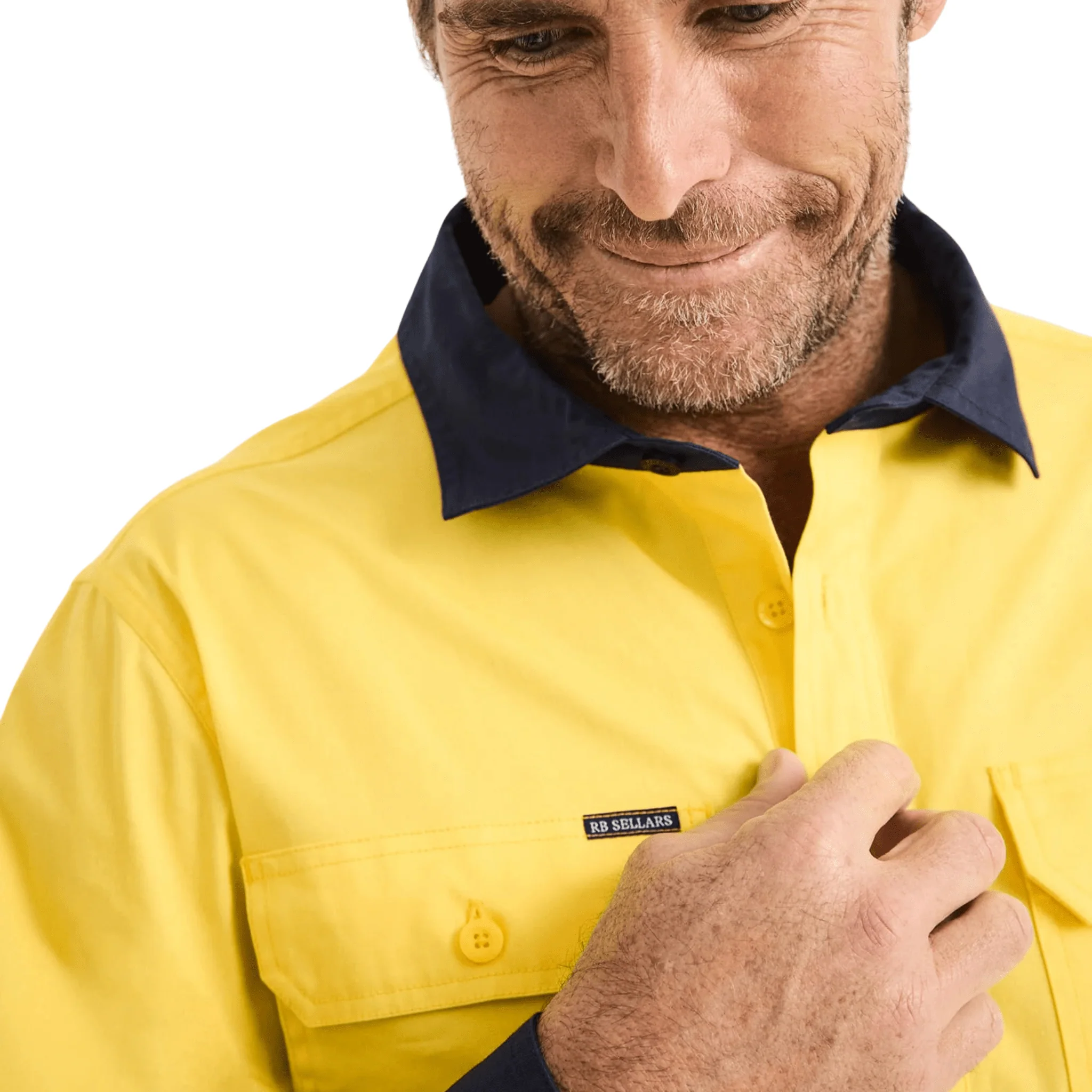 RB Sellars Men's Burton Hi Vis Half Button Light Weight Work Shirt - Yellow/Navy - Image 3