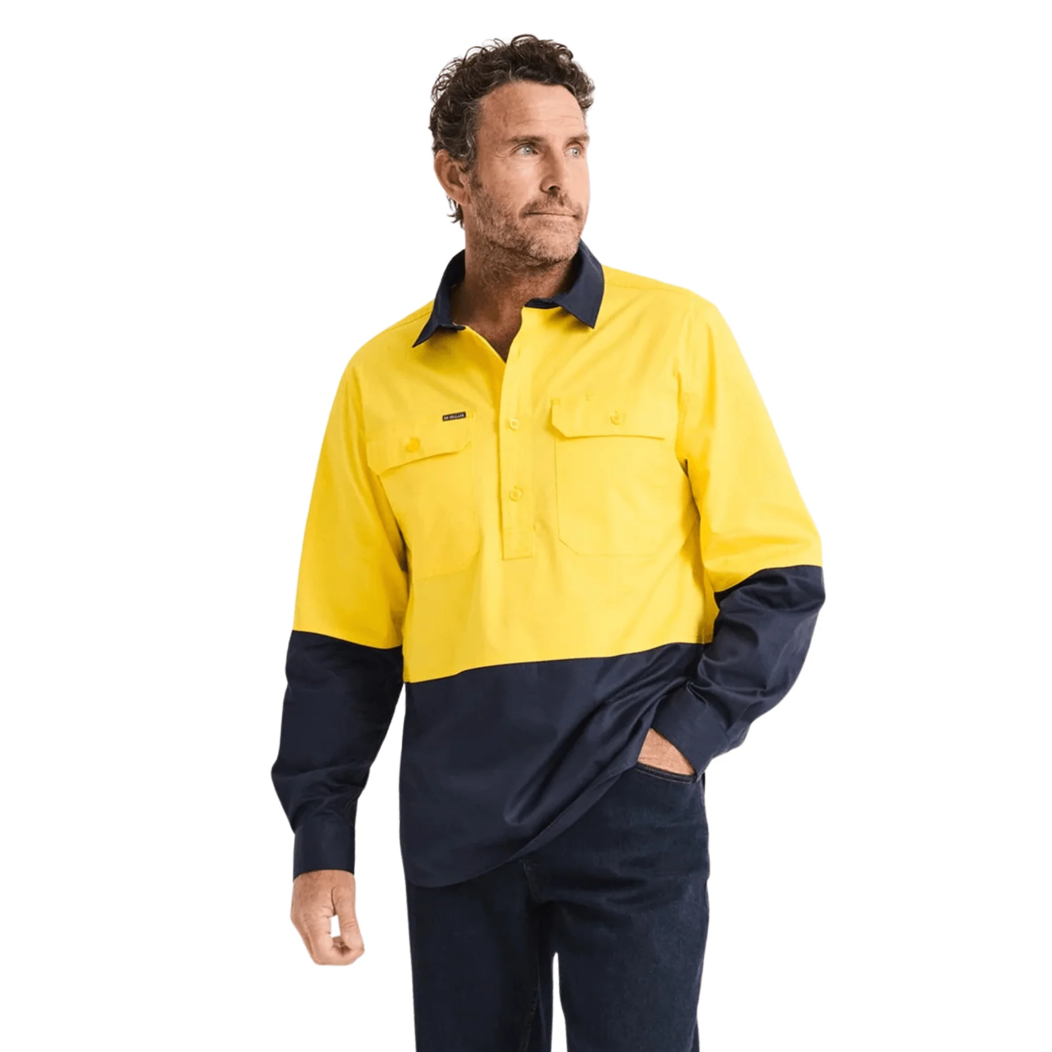 RB Sellars Men's Burton Hi Vis Half Button Light Weight Work Shirt - Yellow/Navy - Image 4