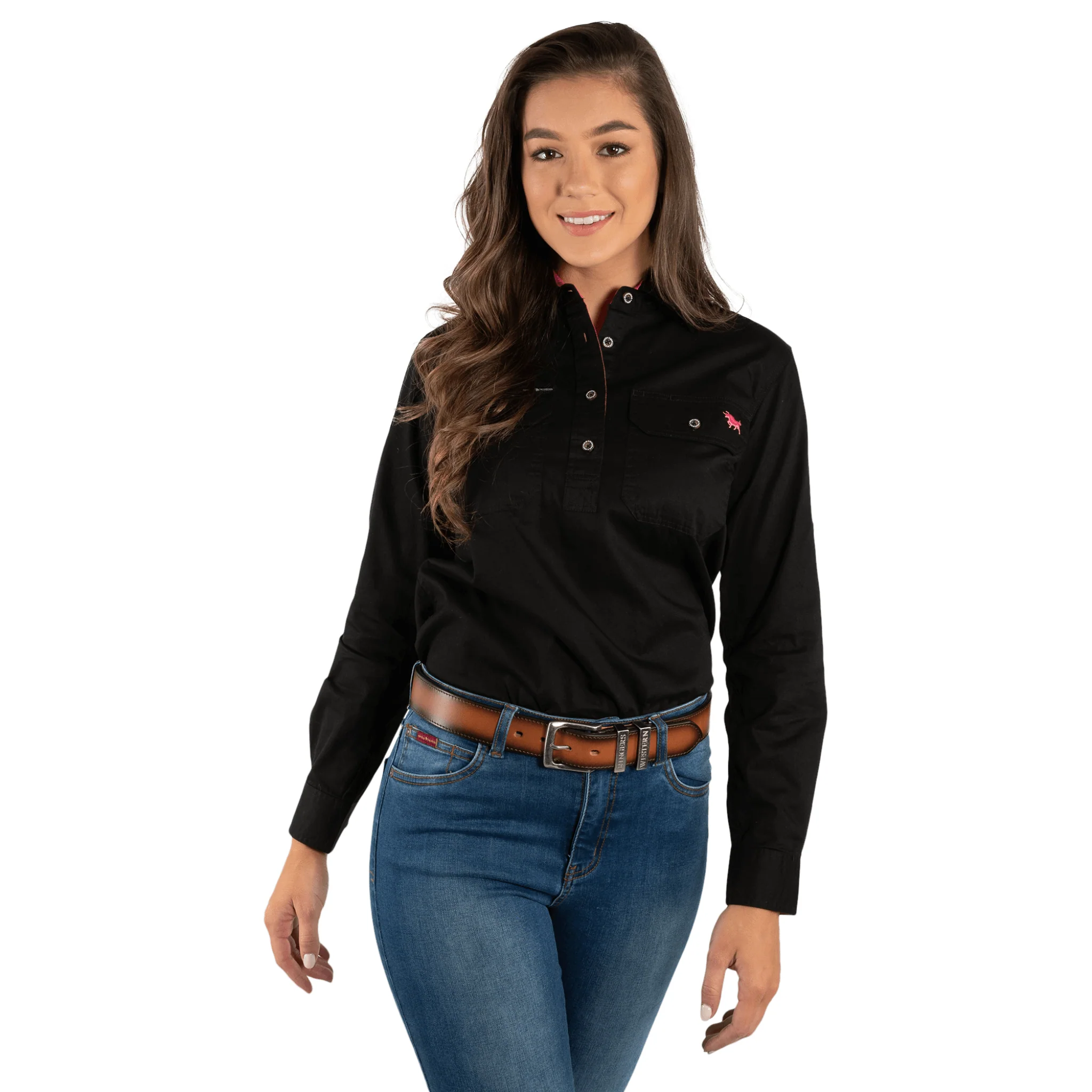 Ringers Western - Women's Pentecost River Half Button Work Shirt - Black / Melon - Image 2