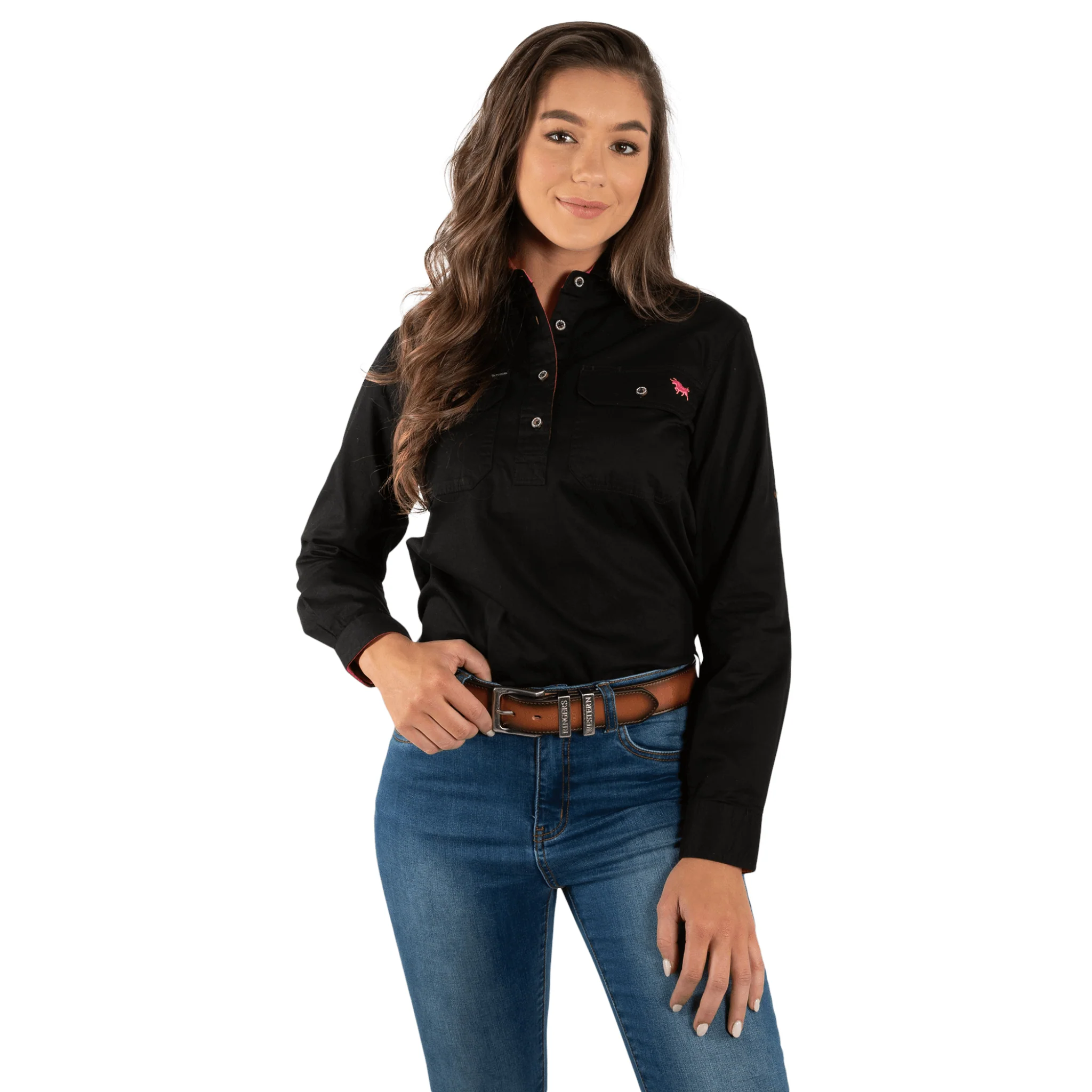 Ringers Western - Women's Pentecost River Half Button Work Shirt - Black / Melon - Image 3