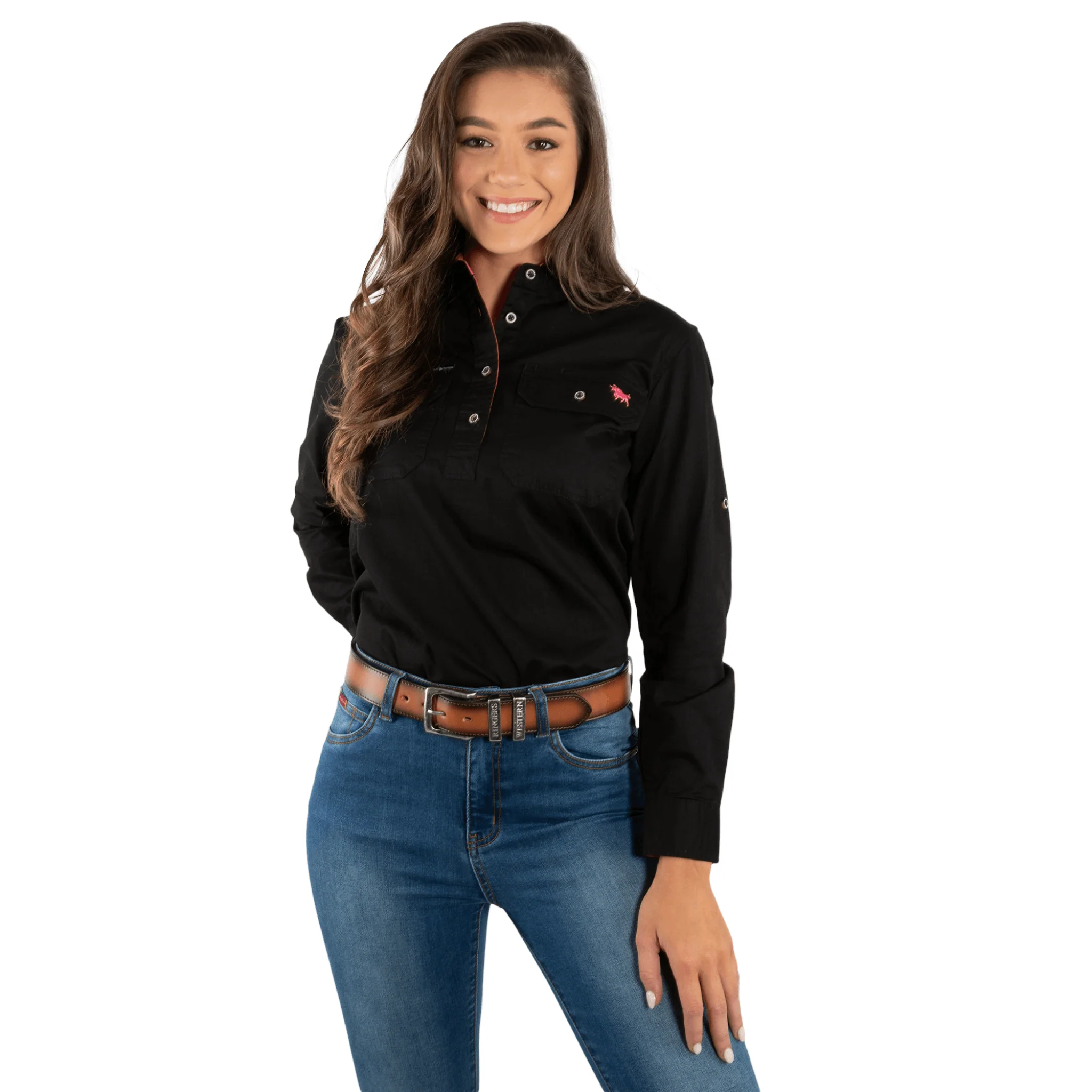 Ringers Western - Women's Pentecost River Half Button Work Shirt - Black / Melon - Image 4