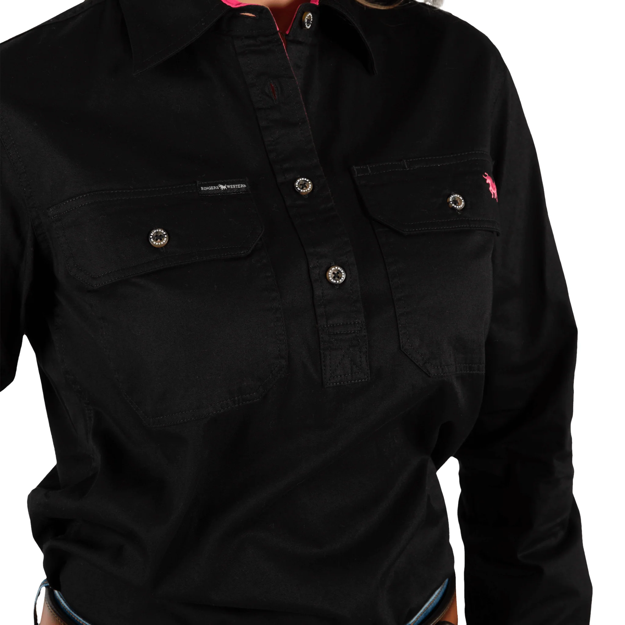 Ringers Western - Women's Pentecost River Half Button Work Shirt - Black / Melon - Image 6