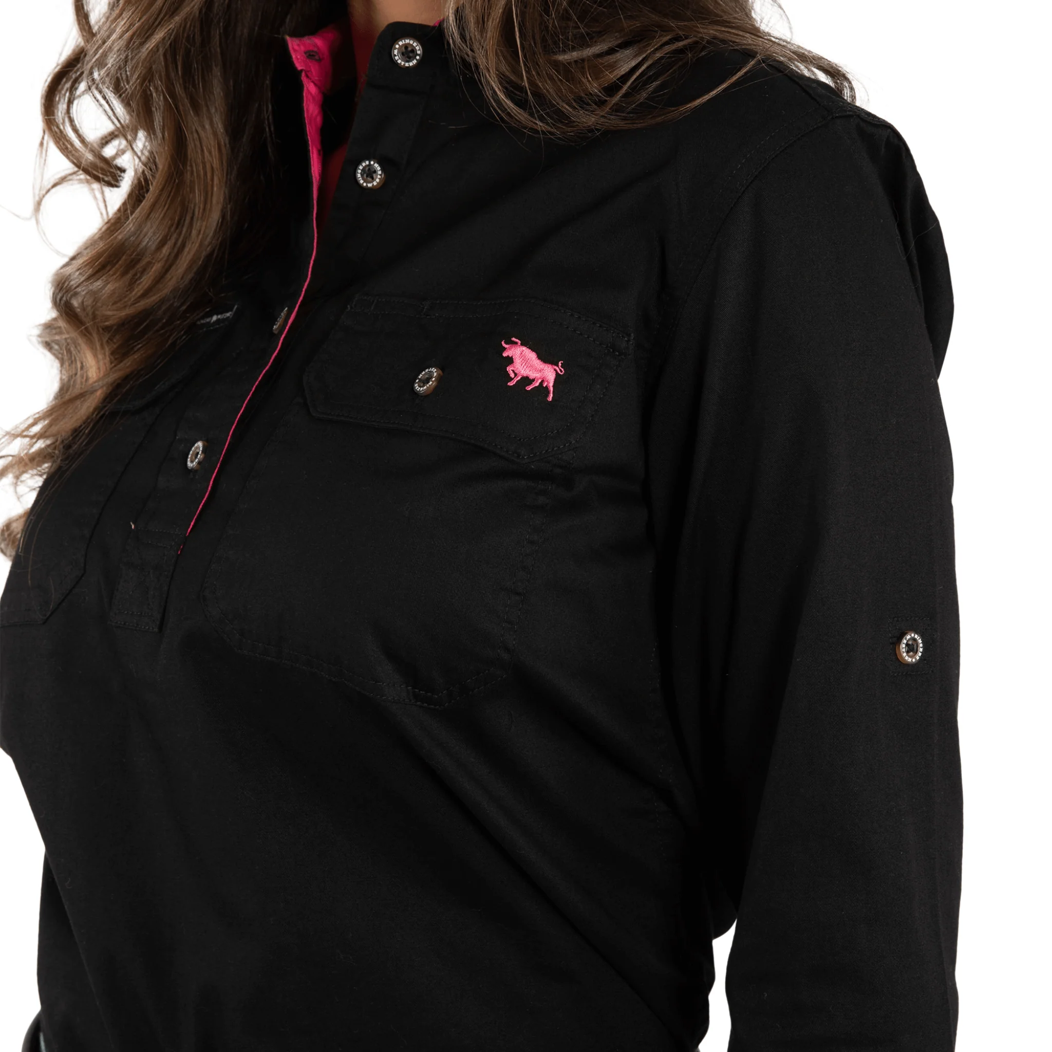 Ringers Western - Women's Pentecost River Half Button Work Shirt - Black / Melon - Image 7