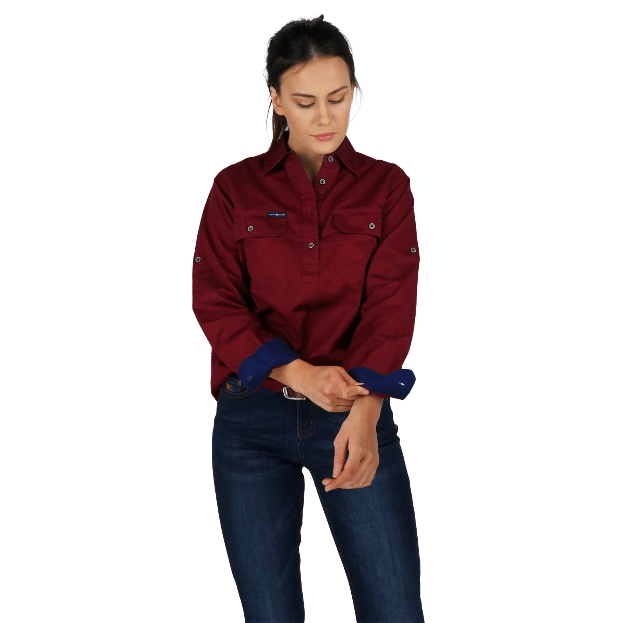 Ringers Western - Women's Pentecost River Half Button Work Shirt - Burgundy - Image 2